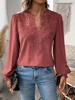 Womens Long Sleeve Sweaters Fall 2024 Trendy Sexy Lace V Neck Puff Sleeve Pullover Sweater Cute Tops