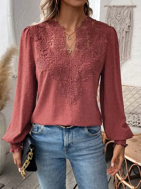 Womens Long Sleeve Sweaters Fall 2024 Trendy Sexy Lace V Neck Puff Sleeve Pullover Sweater Cute Tops