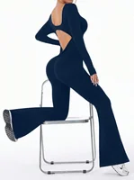 High quality solid color long sleeved compression exercise jumpsuit women's sportswear bell bottom pants sexy push up yoga set - Image 4