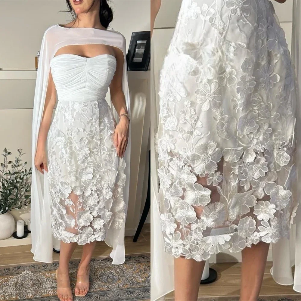

Jiayigong Elegant Fashion Strapless Stole Tea Length Sleeveless Lace Cap Sleeve Formal Evening Gowns فساتين مناسبات 칵테일드레스