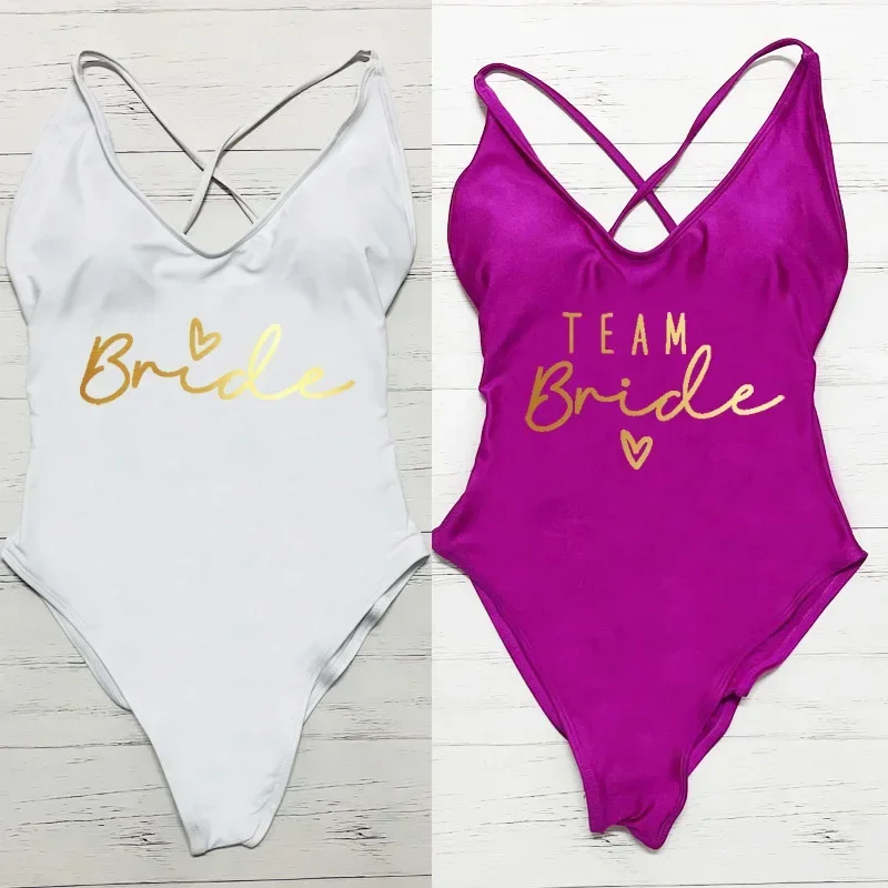 S-3XL Sexy Padded Team Bride One Piece Swimsuit Bride Swimwear Women Gold Pink Print Summer Bathing Suit Cross Back Beachwear 5