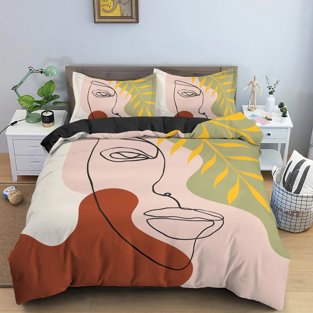 

Nordic Line Figure Portrait Bedding Set Abstract Character Duvet Cover King Size Quilt Cover Polyester Modern Style Room Decor