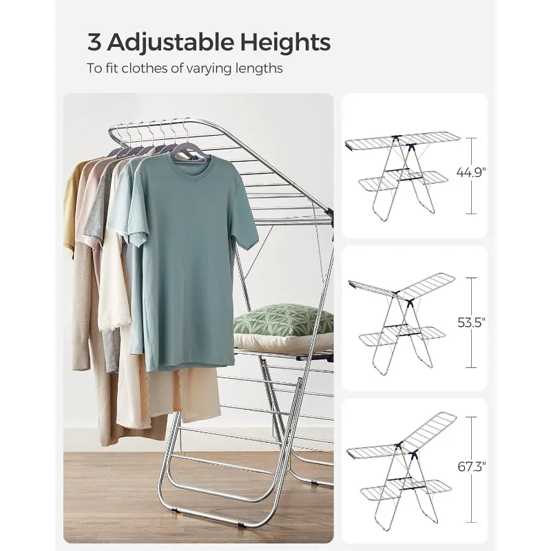 SONGMICS Clothes Drying Rack, Foldable 2-Level Laundry Drying Rack, Free-Standing Large, with Height-Adjustable Wings,Sock Clips 5