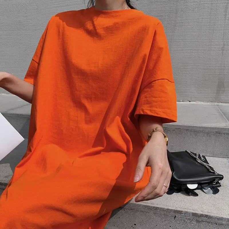 

Trend Solid Color Loose T Shirt Dress Summer New Short Sleeve Simplicity All-match Casual Dresses Vintage Korean Women Clothing