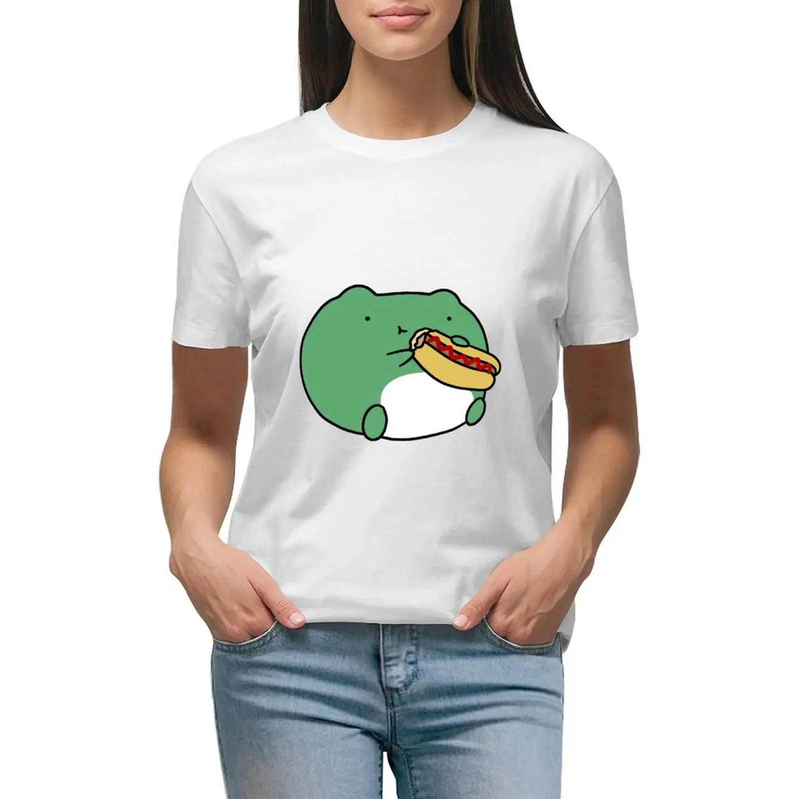 

Frog Eating Hotdog T-shirt tops summer top oversized Women clothes