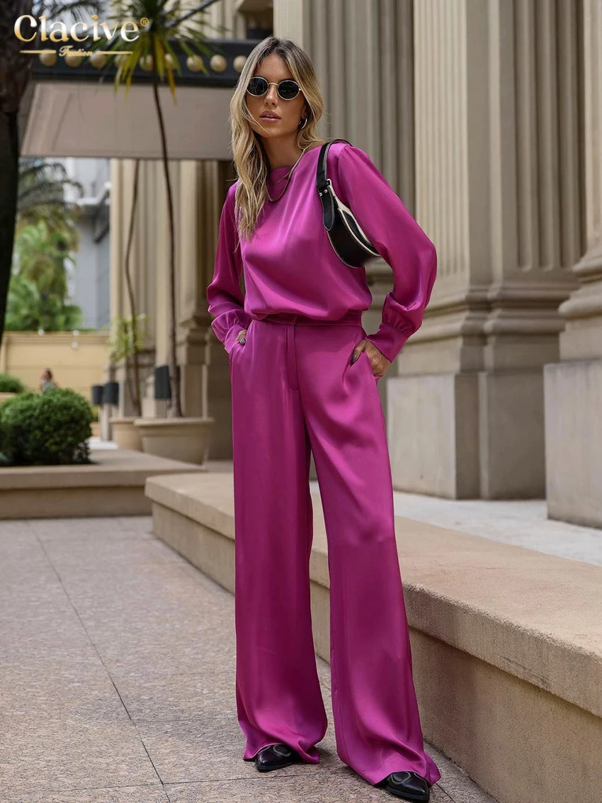 Clacive Fashion Long Sleeve Shirts Two Piece Set For Women Elegant Loose Pink Satin Pants Set Casual Office Lady Trousers Suits women formal jacket and trousers office lady outfits fashion printed elegant suit two pieces set blazer coat