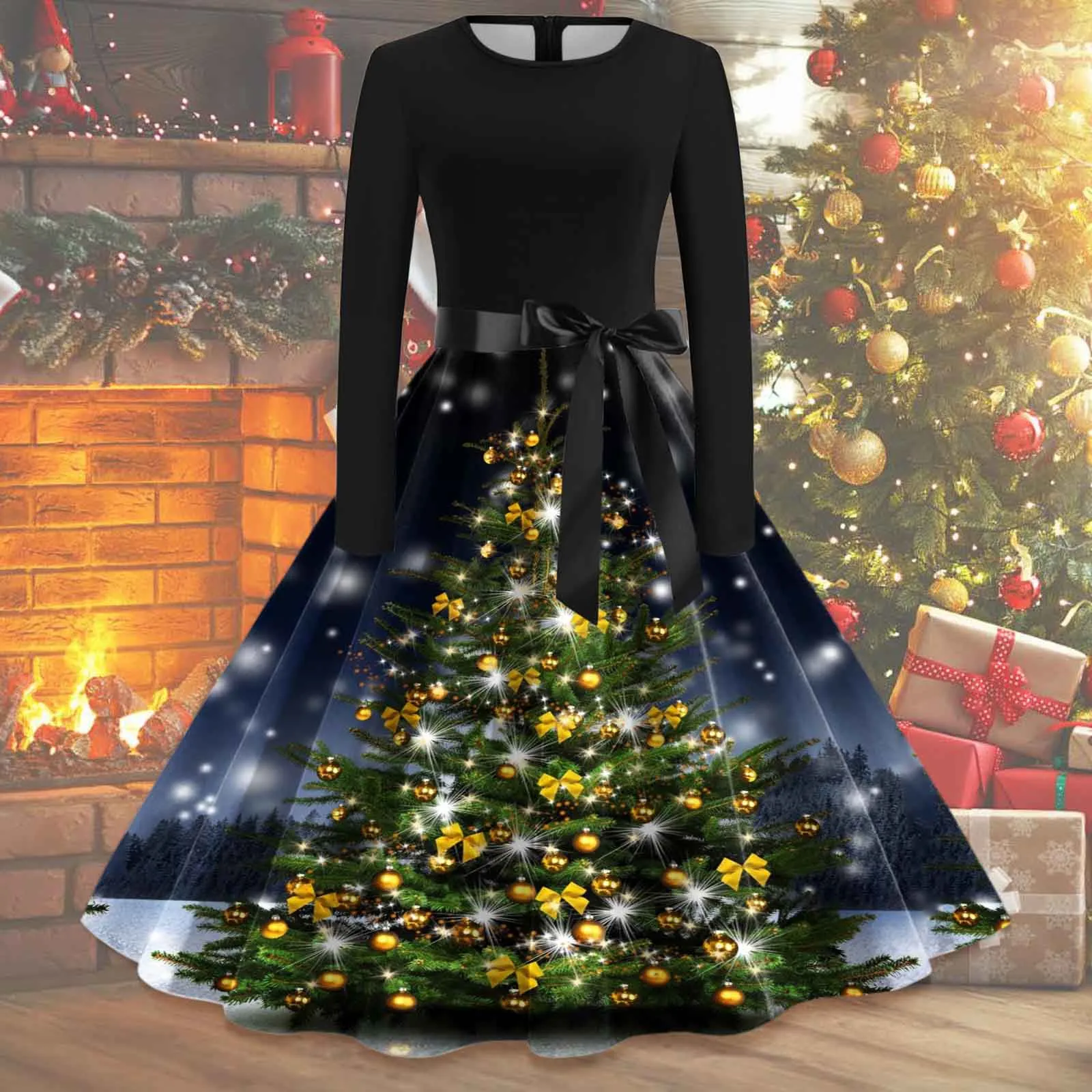 

Women Vintage Long Sleeve O Neck Christmas 1950s Housewife Evening Party Prom Party Beach Pocket Dresses for Women Casual Summer