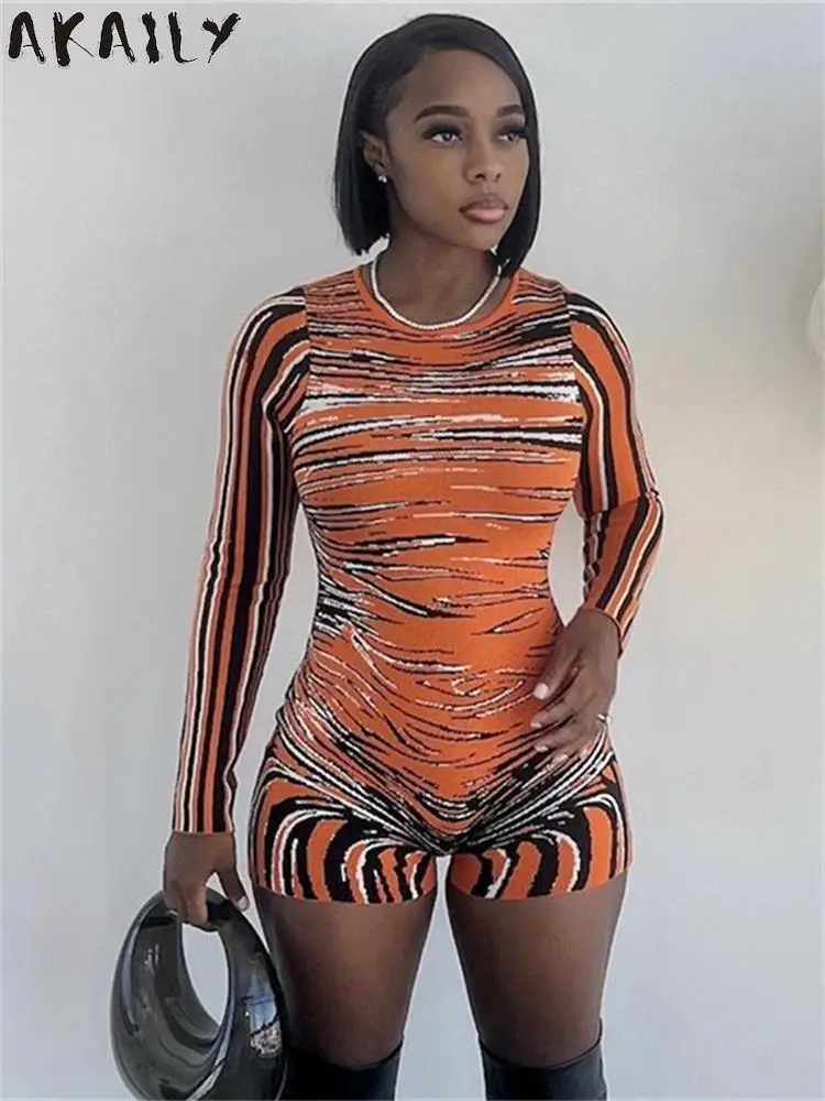 

Akaily Tiger Graphic Print Bodycon Rompers Party Club Outfits For Women 2023 Street Long Sleeve Romper High Waist Short Jumpsuit