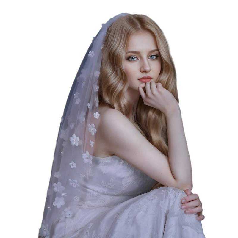 

Fix Clip Bride Long Veil with Flower Patches Veil Photography Sheer Tulles