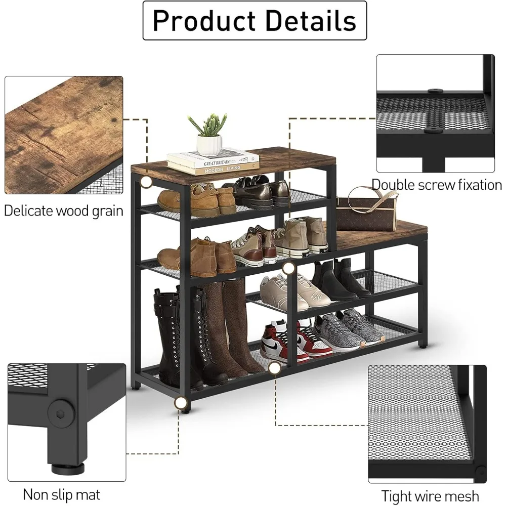 5-Tier Shoe Rack Bench Shoe Storage Organizer w/Seat, Industrial Free Standing Rack Shelves for Entryway, Hallways, Closets