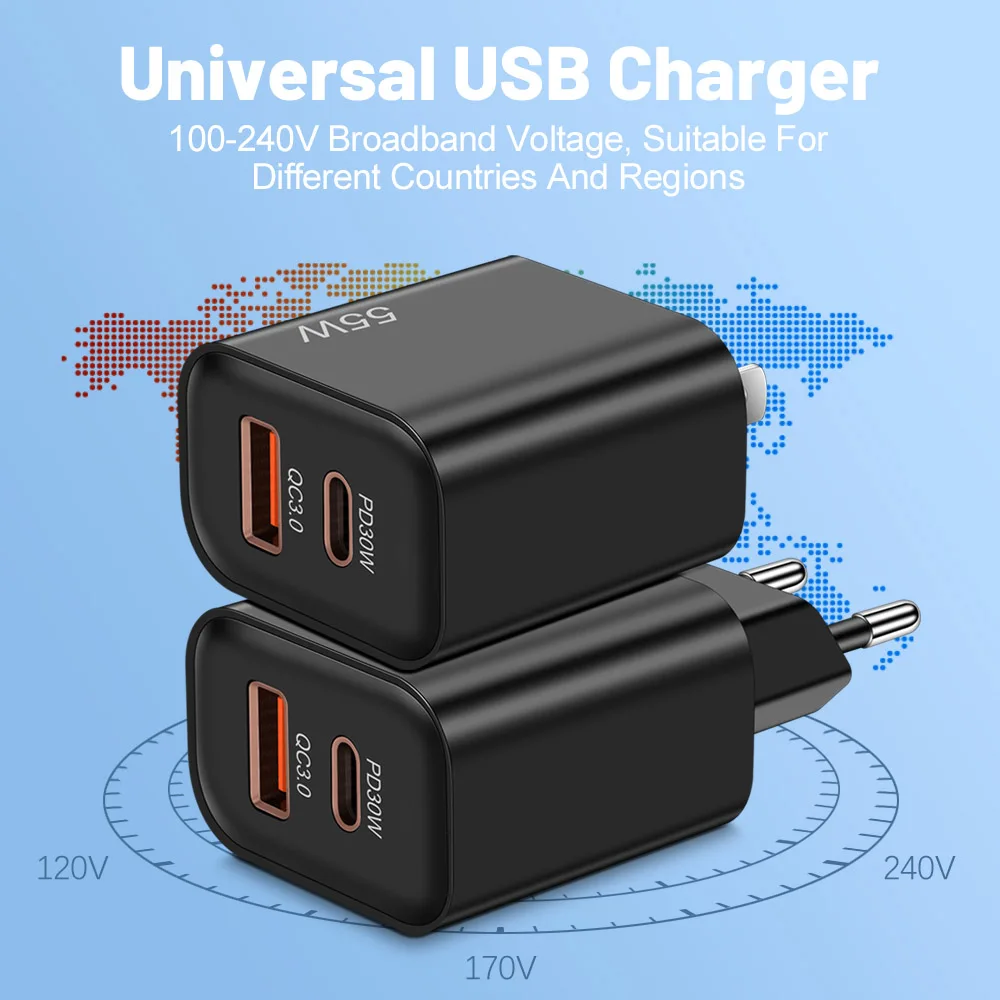 55W USB PD Charger Fast Charge Type C Wall Charger Quick Charge 3.0 Phone Adapter For iPhone 15 14 13 Pro Xiaomi Samsung