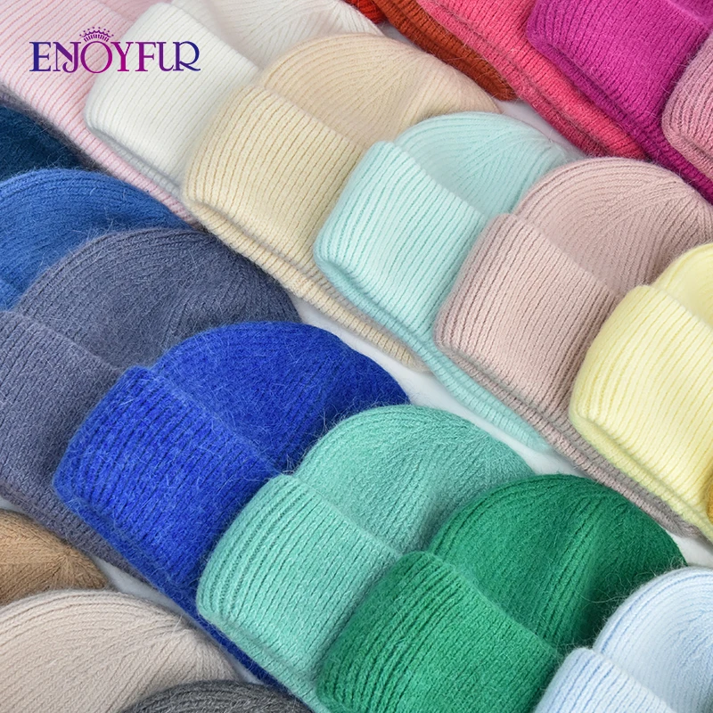 ENJOYFUR Women Winter Angora Hat Thick Warm Three Fold Long Rabbit Hair Wool Knit Hat Womens Fashion High quality Winter hats 2