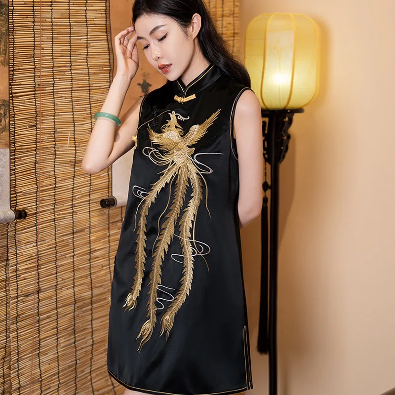 

Phoenix Embroidery Acetate Chinese New Year Vintage Black Qipao Dress