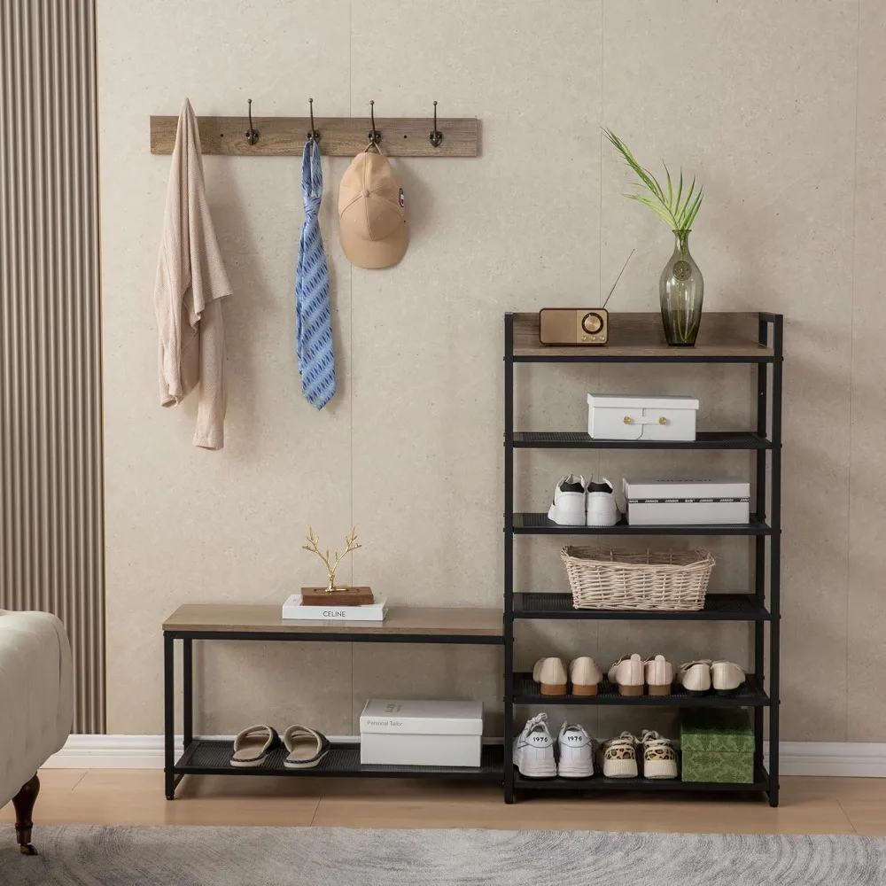 6-tier coat rack shoe bench set, entryway bench with 6 hooks coat rack, hall tree and shoe storage for entryway, hallway, garage