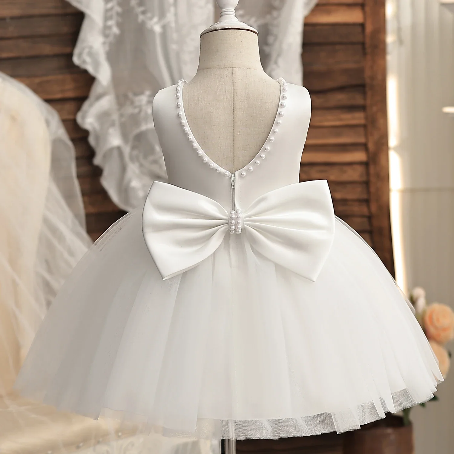 Girls Dress Baby Girl Dress Infant Baby Baptism Dress for Girls Kids Wedding Party Dresses Bow Beaded Tulle Christening Gown Birthday Children Clothes