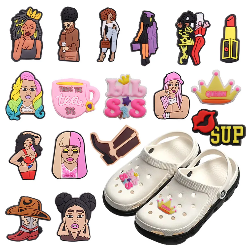 

Mix 50PCS PVC Buckle Clog Beautiful Woman Lipstick Tea Cups Boots Croc Charms Decorations for Bands Garden Shoes Accessories