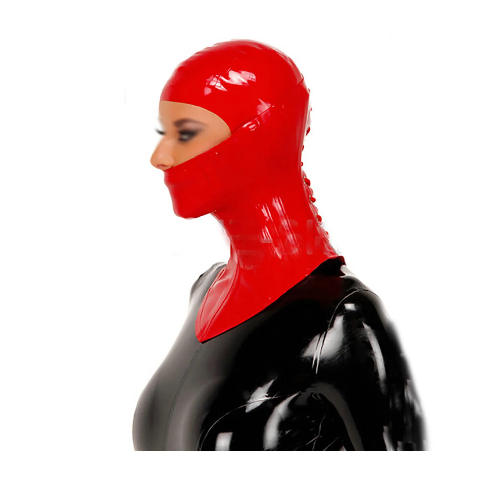 

MONNIK Latex Mask Rubber Hood and Red 1.0mm Collars with Lacing Behind for Latex Tight Mask Clubwear Cosplay Catsuit