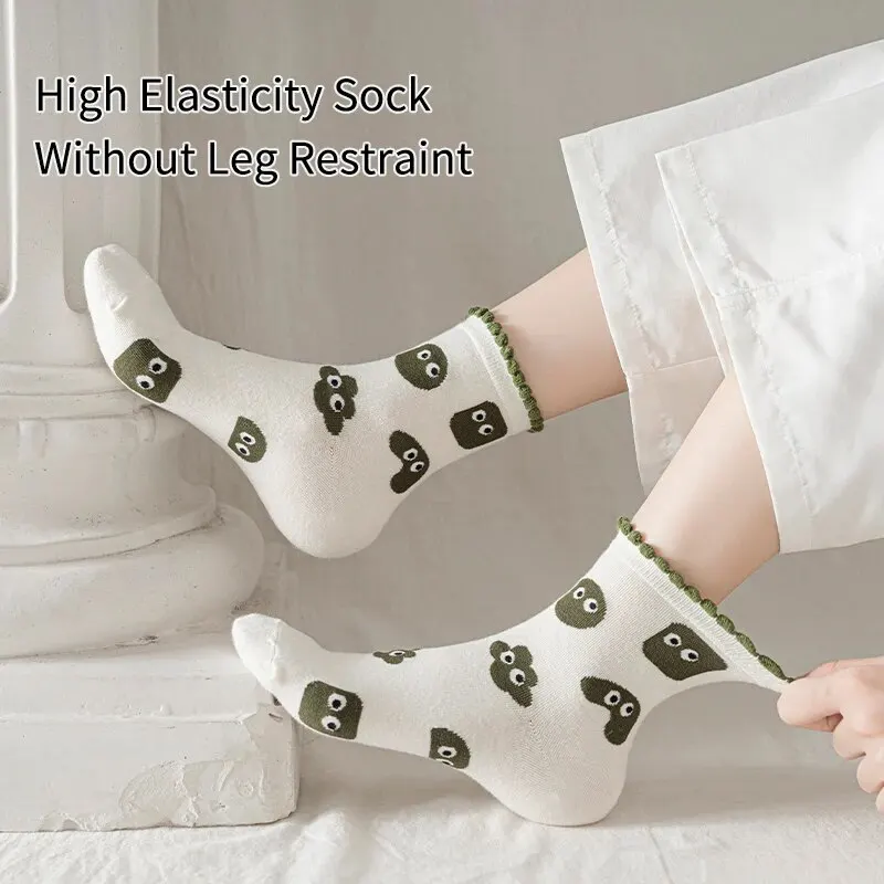 Womens Socks 5 Pairs of Women's Spring and Summer Four-season Green Fun Eyes Personalized Cartoon Comfortable Mid-calf Socks