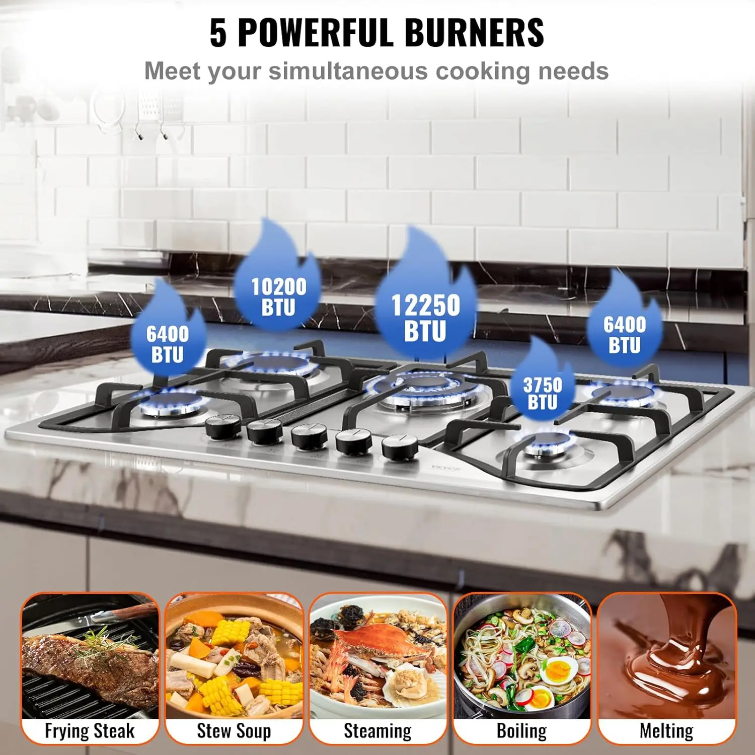 30-inch Gas Cooktop, 5 Burners Built-in Gas Stove Top, Convertible Stainless Steel Natural Gas Hob, wi 3
