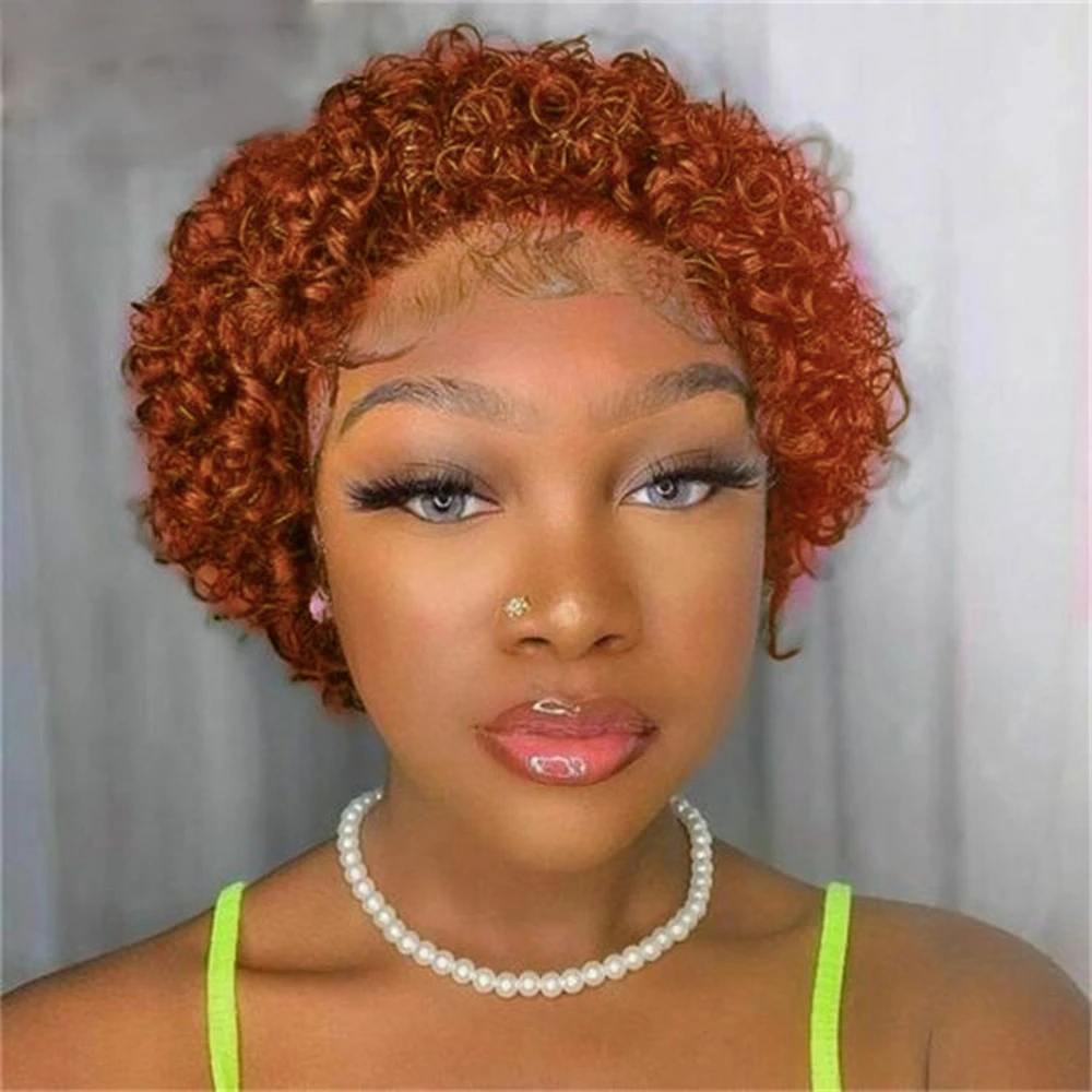 Short Curly Human Hair Wigs Pixie Cut Curly For Women 6 Inch 13x1 Transparent Lace Frontal Wigs Water Wave Orange Color