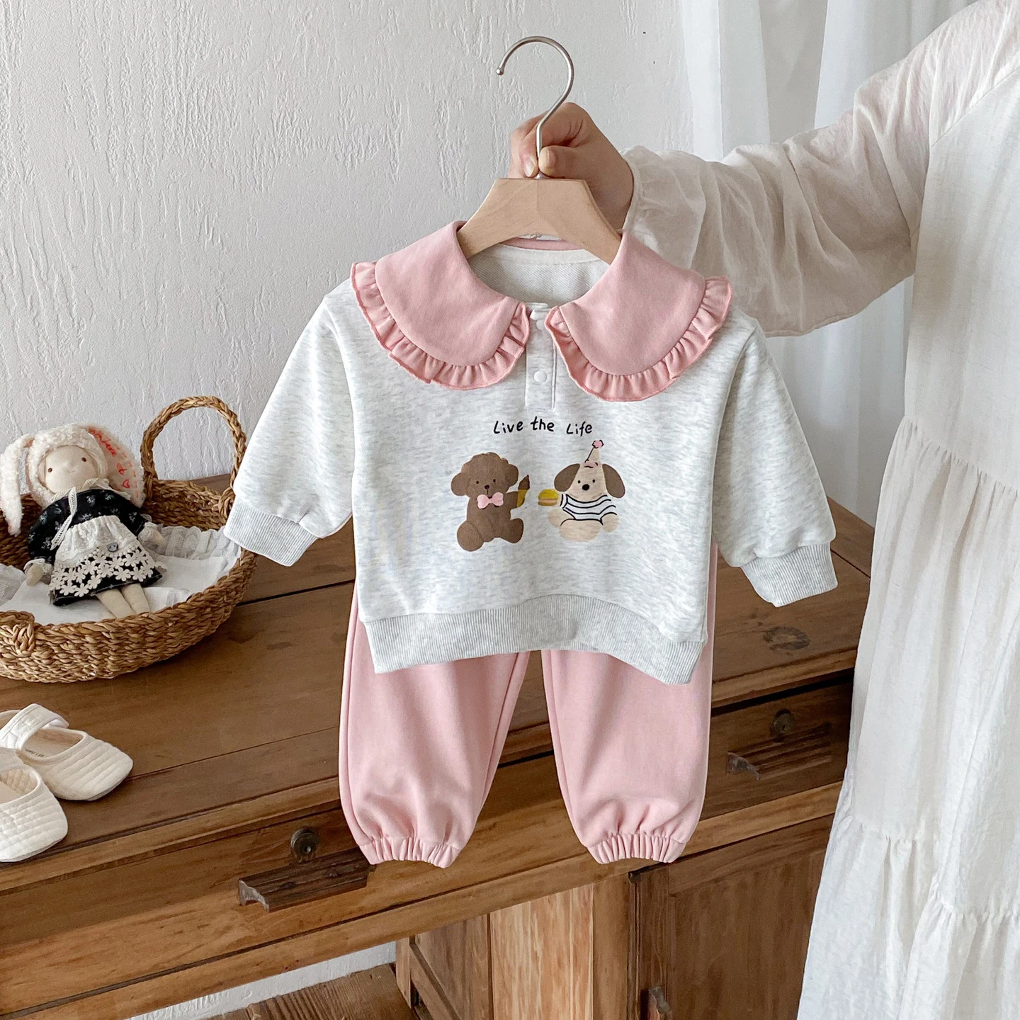 Girls Cartoon Print Hoodie and Pink Pants Sports Suit