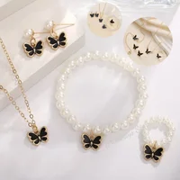 4pcs/Set Sweet Jewelry Set Butterfly Pendant Imitation Pearl Necklace for Women Pearl Earrings Girl Jewellery Women Gift 1