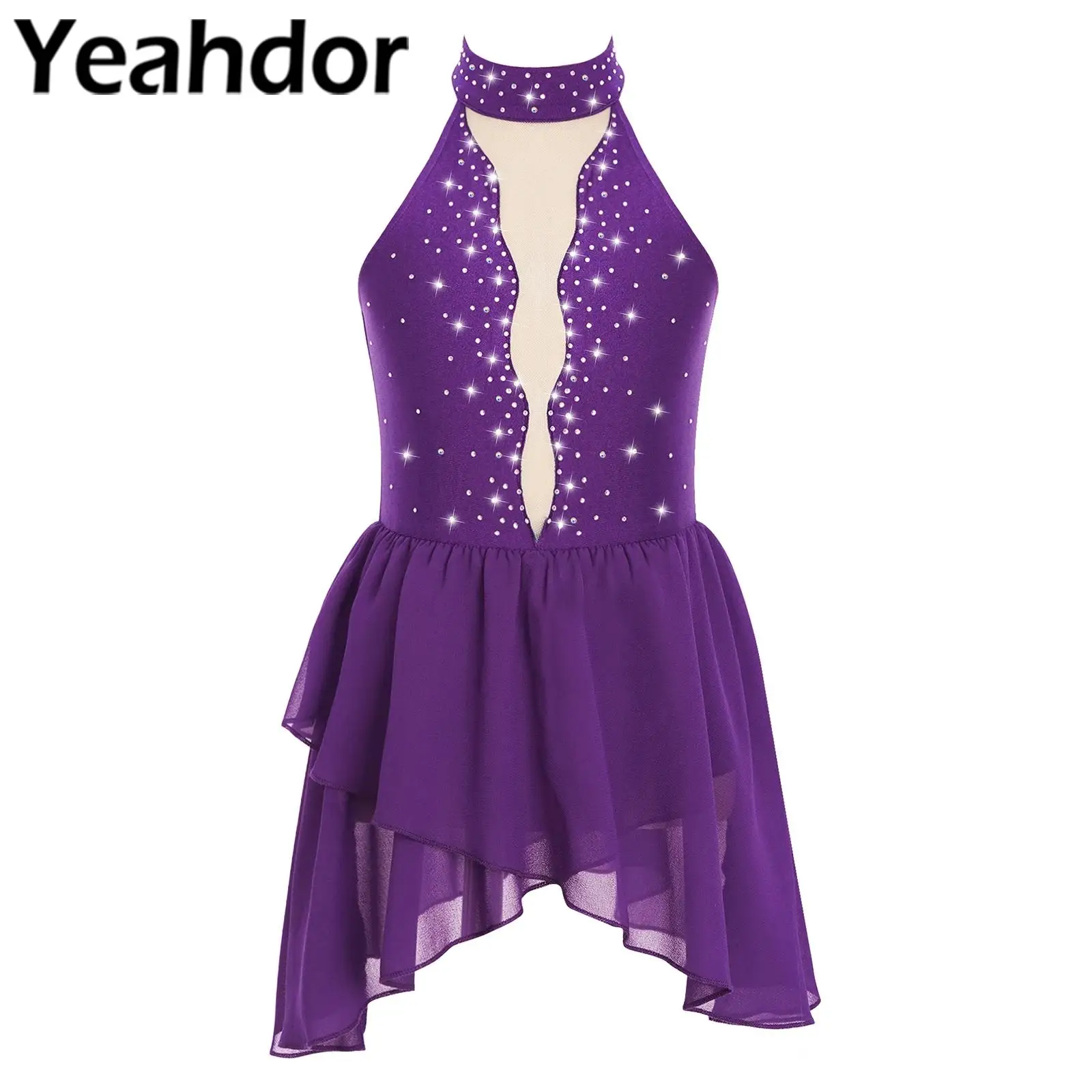 

Kids Girls Figure Skating Dress Ballet Lyrical Dance Stage Costume Sheer Mesh Mock Neck Open Back Irregular Hem Dress Dancewear