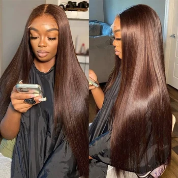 13x4 chocolate Brown Straight Lace Front Wigs Human Hair Pre Plucked Hairline 4# Brown Frontal Wigs For Women With Baby Hair 1