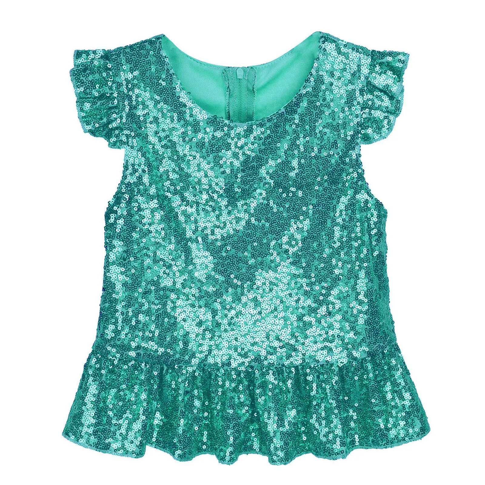 Kids Girls Sparkly Sequins Tops Vests Cosplay Mermaid Costume Short Flutter Sleeves Peplum Top Children's Clothing Summer Tops