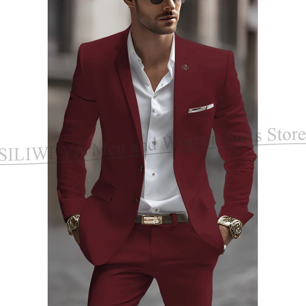 Summer Men Suits Two Piece Fashion Notch Lapel Single Breasted Suit Slim Fit Elegant Smart Casual Groom Wedding Tuxedo