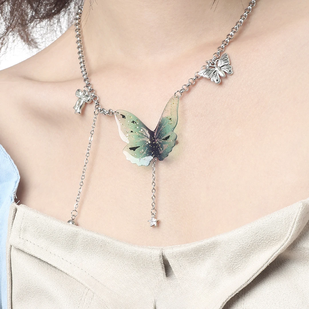 Y2K Butterfly Pendant Necklace Sweet Cool Goth Crystal TasselChain Choker for Women Punk Fashion Jewelry Gift Accessory 2024 Hot