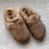 Chaussures en fourrure de vison véritable de haute qualité 2026 pour femme, mules et sabots en fourrure de vison pour femme, pantoufles plates d'extérieur et d'intérieur 3