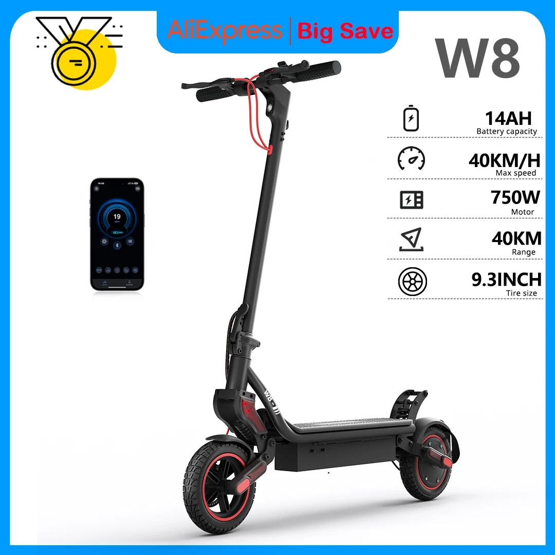 Scooter elettrico W8 9.3 "Pneumatico 750W 48V 14Ah Portata 40 km Doppia sospensione Controllo app 40 km/h Scooter elettrici con luce ambientale laterale