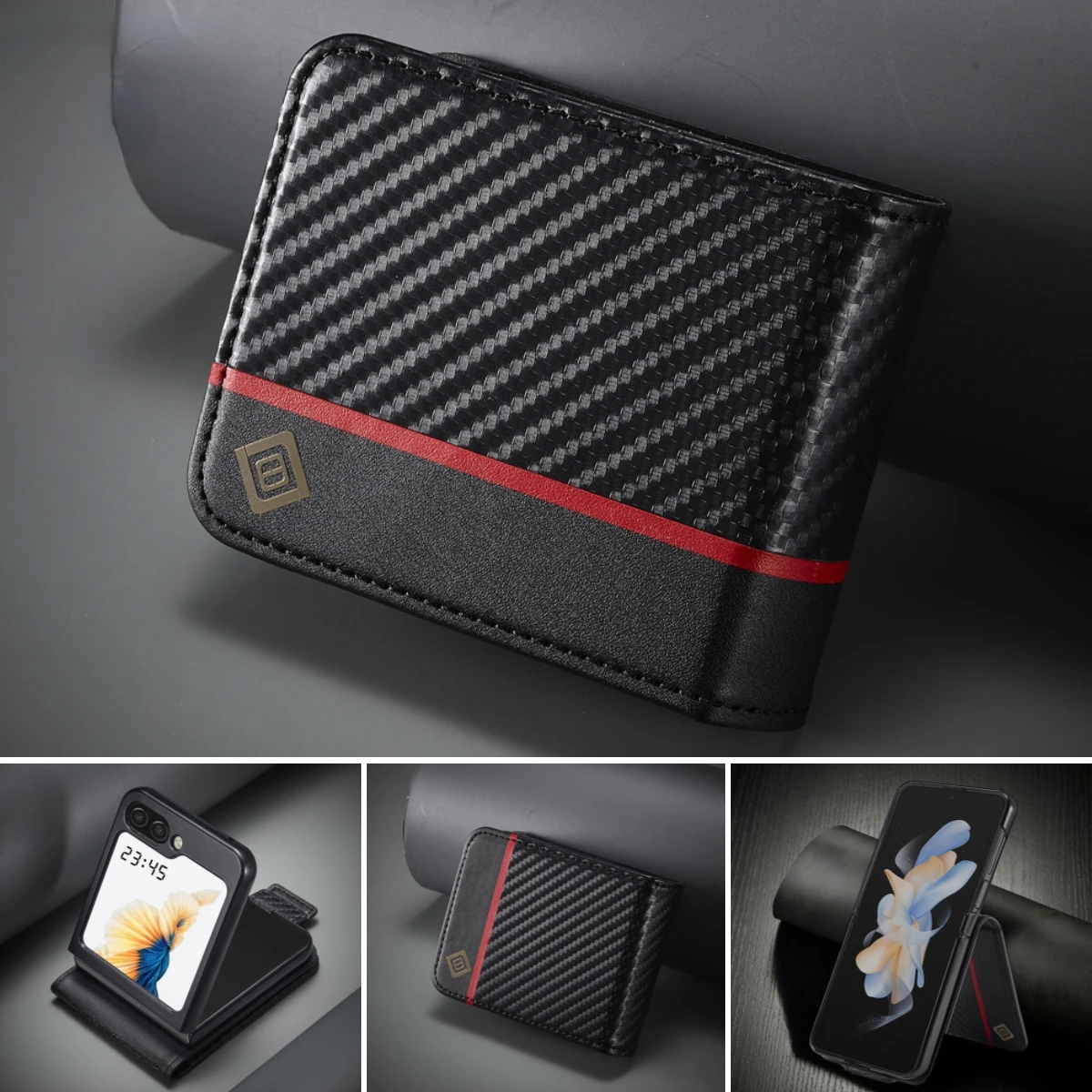 

Carbon Fiber Grain Leather Full Case For Samsung Galaxy Z Flip 5 4 3 Flip5 ZFlip4 Magnetic Buckle Wallet Card Holder Phone Bag