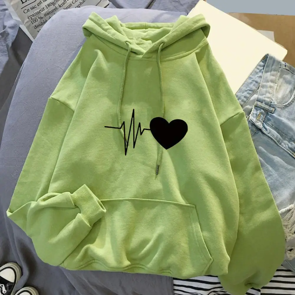 

Women Loose Hoodie Heart Print Hooded Unisex Fall Winter Hoodie with Drawstring Big Patch Pocket Cozy Plush Warm for Style