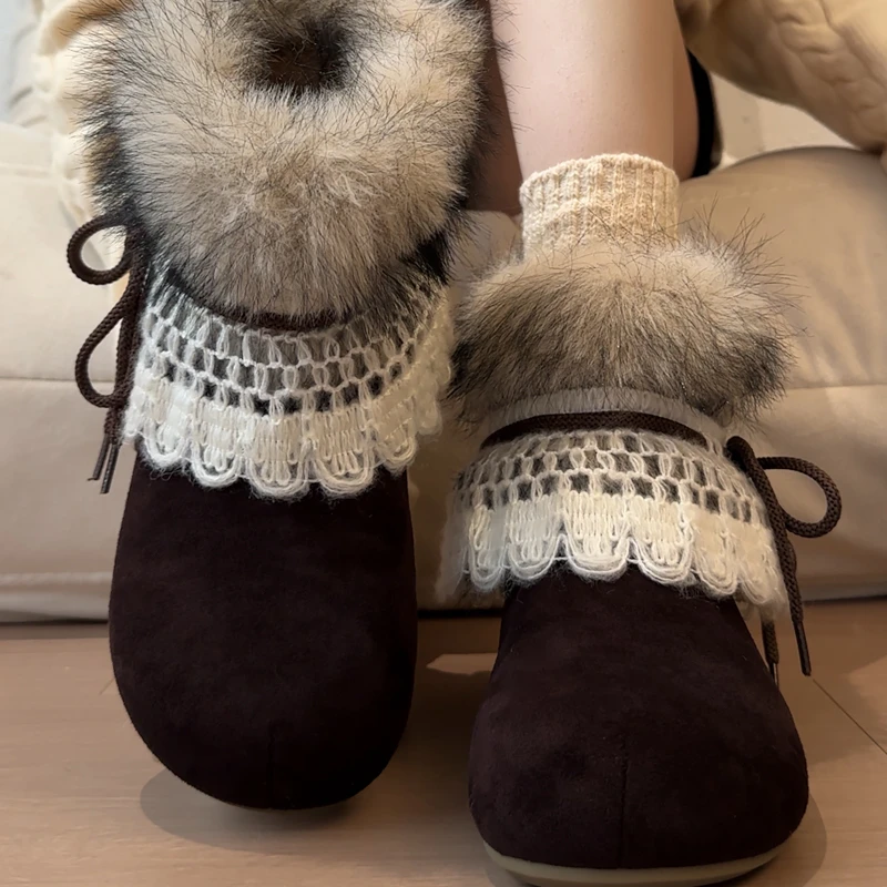 Luxury Bowknot Fluffy Fur Kawaii Snow Boots 2025 Winter Sweet Lace Suede Designer Ankle Boots Warm Plush Woman's Short Booties