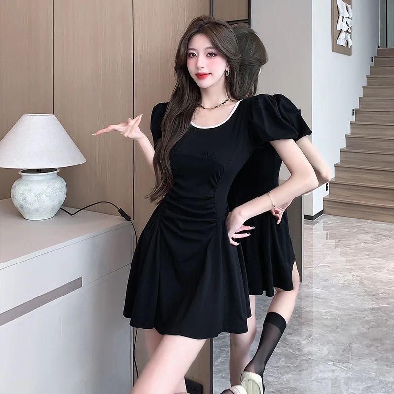 

Summer Franch O-Neck Contrasting Colors Puff Sleeve Mini Dress Women's Elegant Folds Waist Thin Black A-Line Dresses