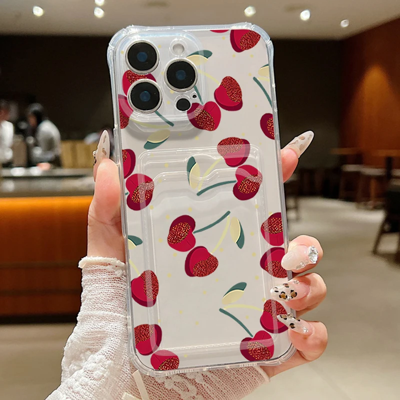 Red Cherry Pattern Shockproof Soft Silicone Phone Cover with Card Slot Pocket