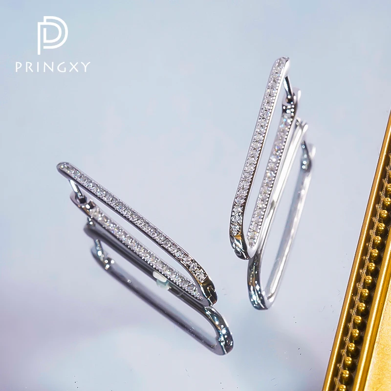 PRINGXY New Fashion Thread Geometric Rectangle Hoop Earring for Women Solid 925 Sterling Silver High Carbon Diamond Fine Jewelry