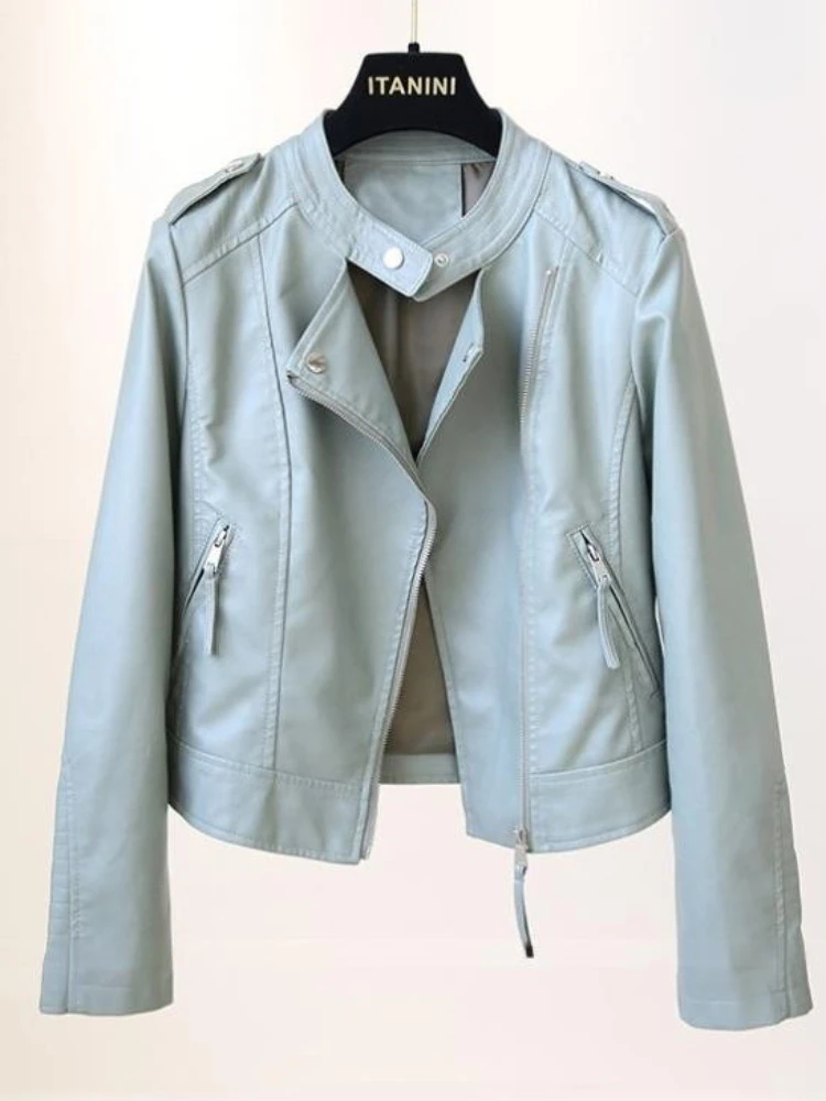 

Fitaylor New Spring Autumn Women Streetwear Faux Leather Short Jackets Lady Fashion Slim Stand Collar Zipper Solid Color Pu Coat