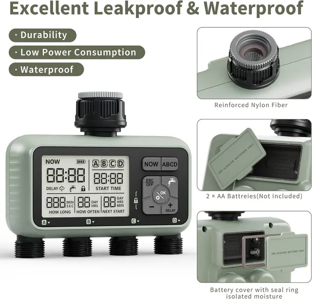 Diivoo مؤقت مياه 4 منطقة حديقة مؤقت الري التلقائي القابل للبرمجة مع دليل تأخير المطر/وضع تلقائي سقي لساحة الحديقة