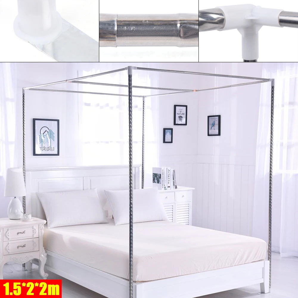 

Canopy Bed Frame Post Stainless Steel 4 Corner Mosquito Netting Frame Bracket Support Silver 1.5x2x2m