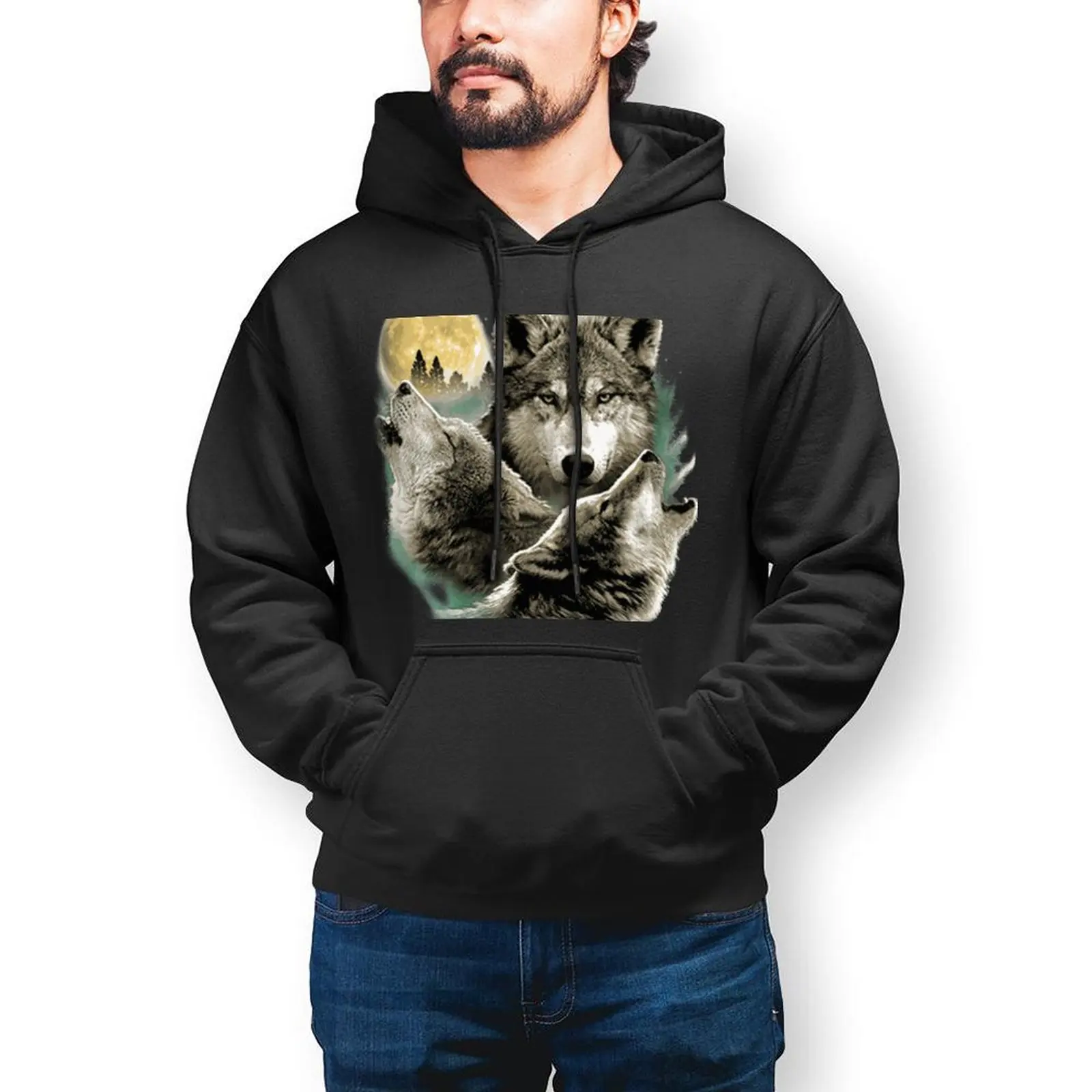 

Three Wolf Howling In Moonlight Essentials Hoodie Autumn Casual Hooded Shirt Man Kawaii Graphic Oversized Pullover Hoodie