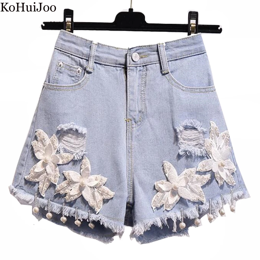 

KoHuiJoo S-5XL Embroidered Denim Shorts Female Summer 2022 New Loose Hole Wide Leg Plus Size Beading Short Jeans High Waist