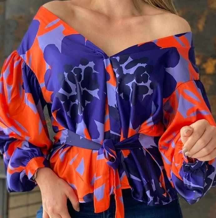 

Fashion Woman Blouse 2023 Autumn New Casual One Shoulder Full Edition Colorful Print Lace Up Loose Top for Commuting Elegance