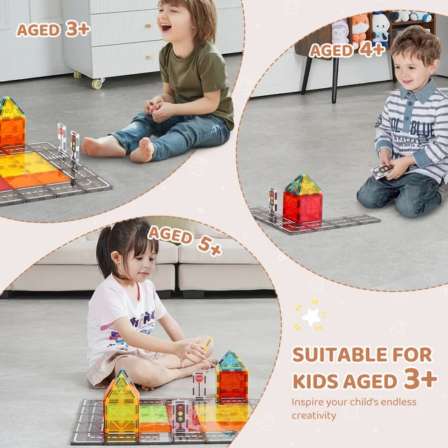 SucceBuy 56 PCS Magnetic Tiles Magnet Building Blocks Set Construction Game Stacking Toys STEM Sensory Educational for Kids Gift