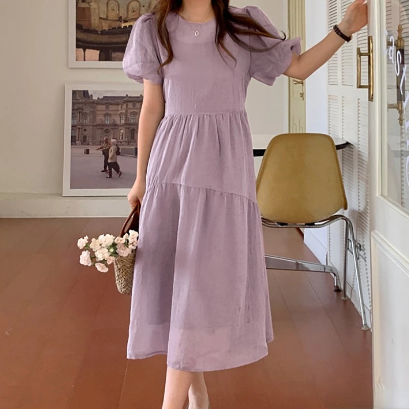 ◆Loulouseoul◆ Sheer Puff Long Dress Purple Sheer Puff Long Dress (Purple) - LOULOUSEOUL
