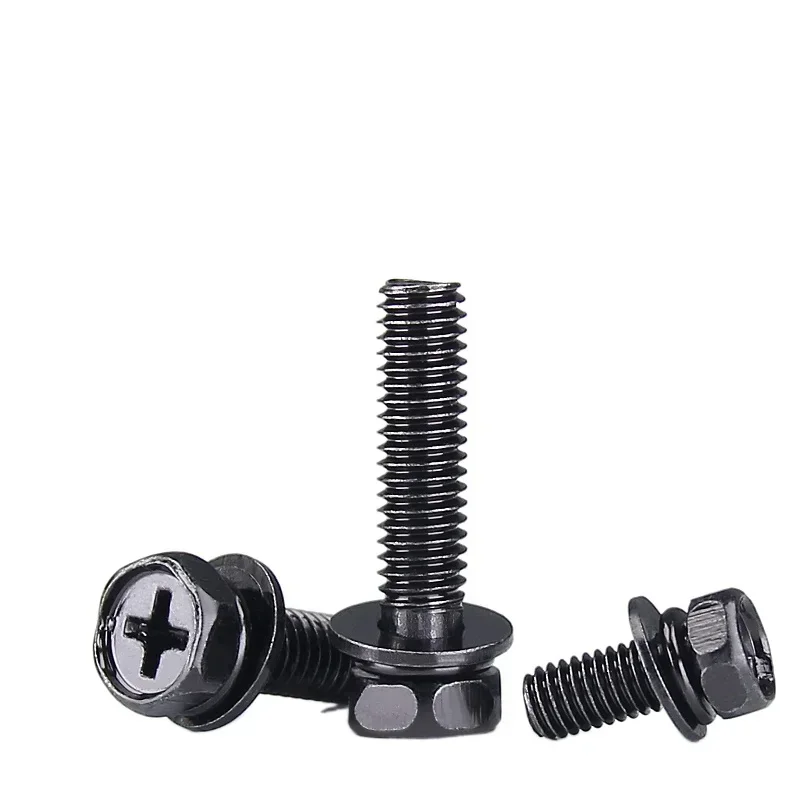 

100pcs M4 M5 M6 Hex Cross Bolt Phillips Flat Gasket Spring Washers Set Hexagon Screws Carbon Steel GB9074.13 8-30mm