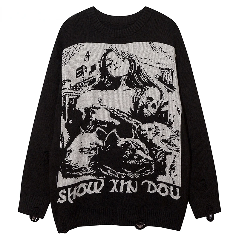 

Autumn Men Knitted Jumper Sweaters Hip Hop Darkness Graphic Knitwear Streetwear Harajuku Fashion Casual Pullovers Knit Clothing