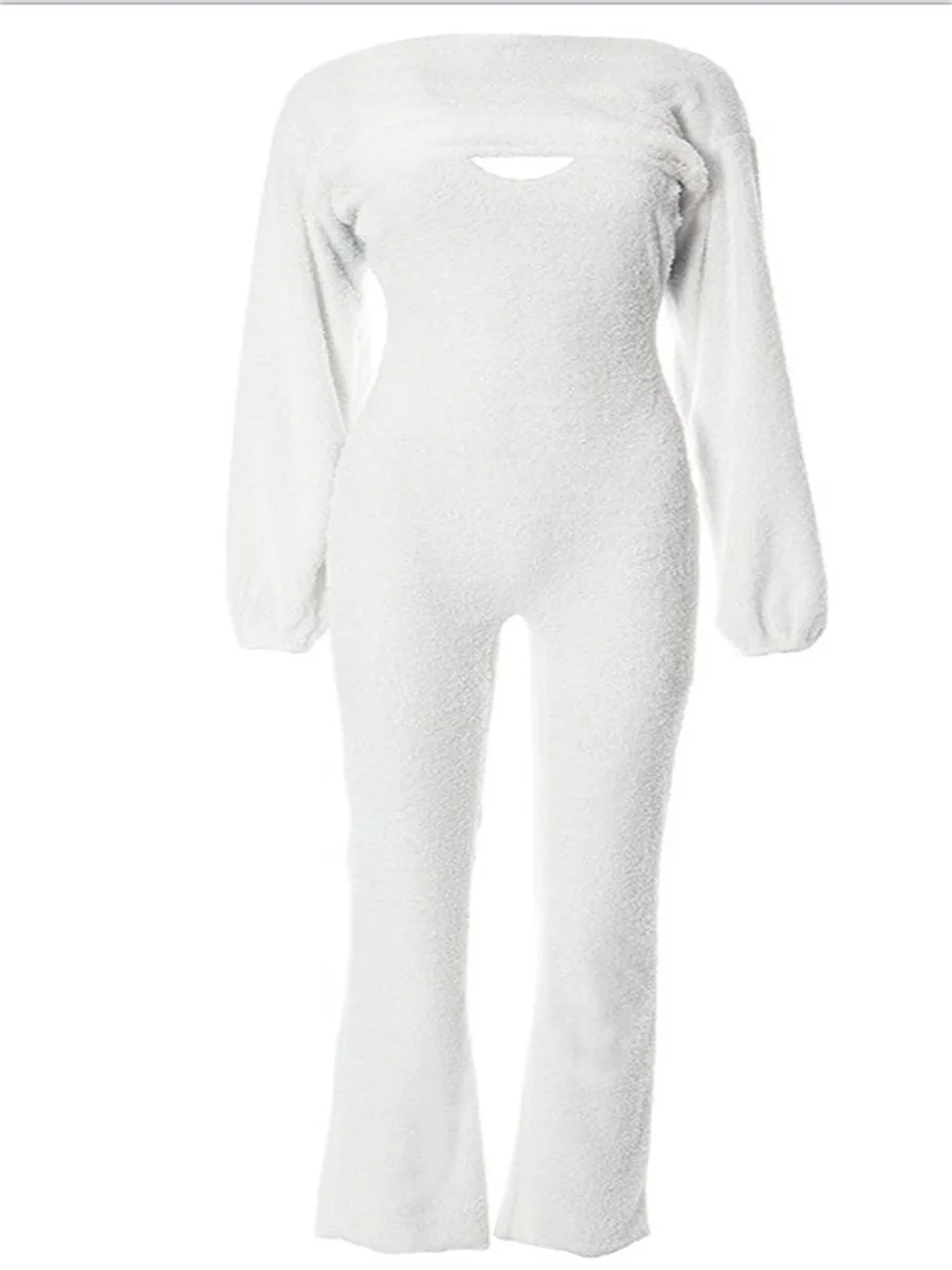 LW BASICS Fluff Cami Teddy Jumpsuit (With Top) Sweet Solid Color Bodycon Playsuit V Neck Long Pantsuits Slim Fit Romper
